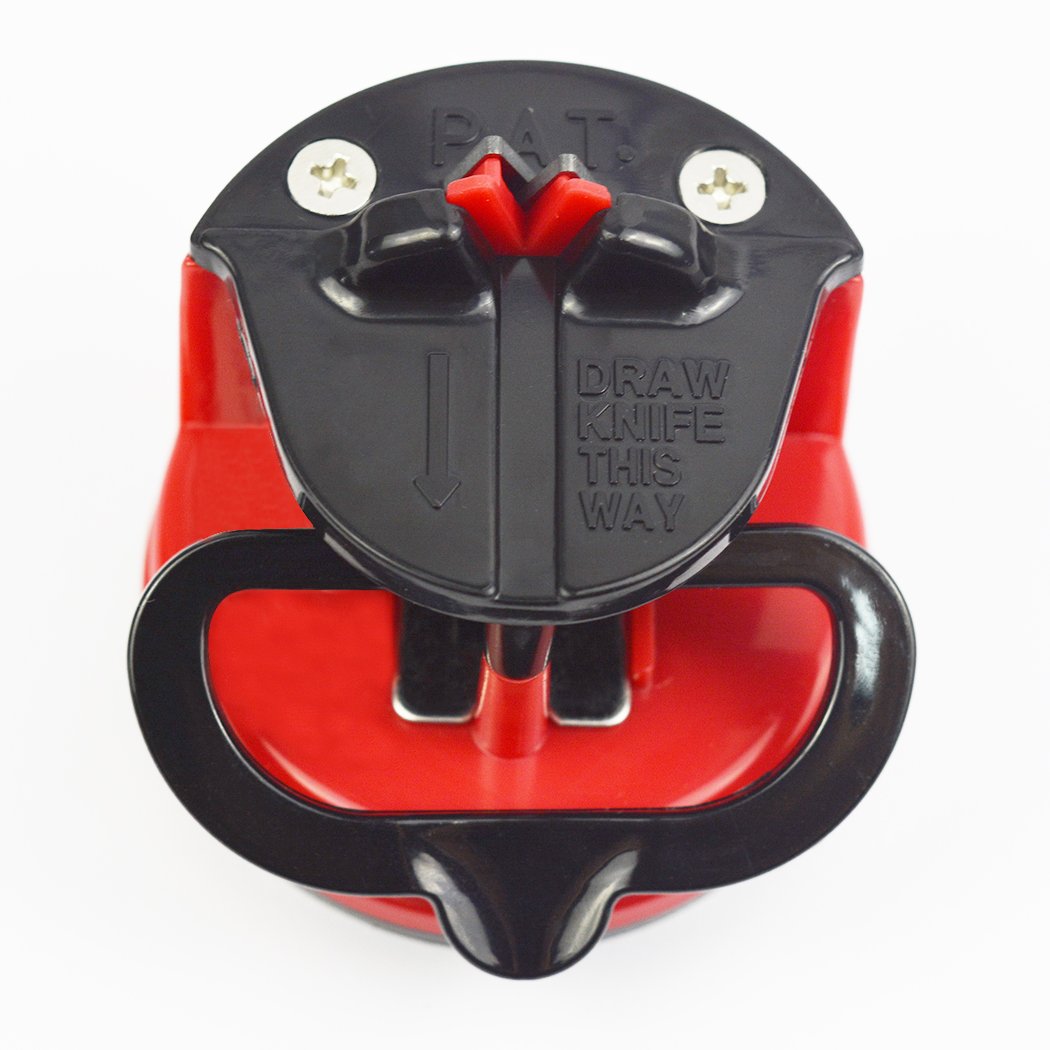 Two red kitchen knife sharpeners with suction base and tungsten carbide plates, designed for safe and effective sharpening of knife blades.