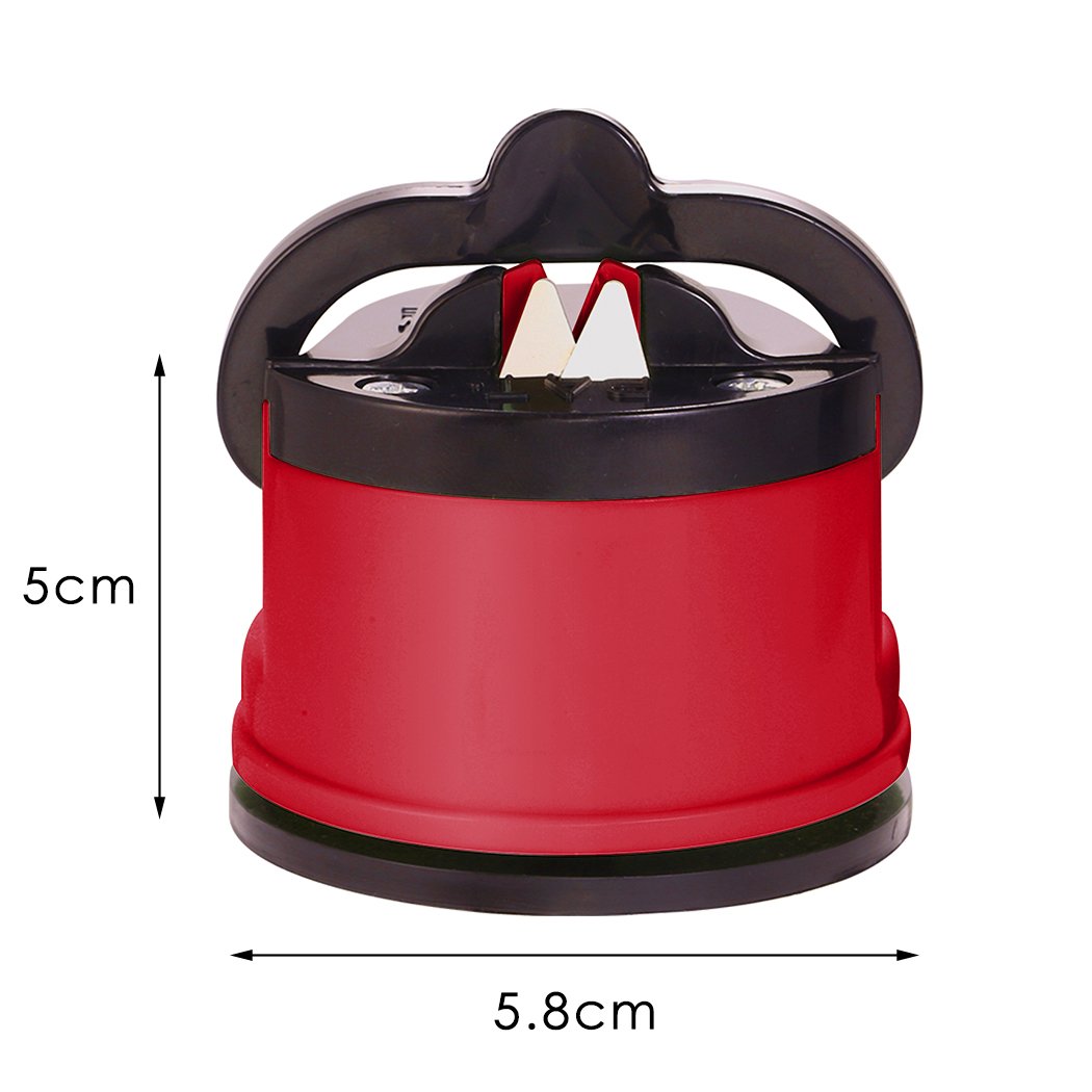 Two red kitchen knife sharpeners with suction base and tungsten carbide plates, designed for safe and effective sharpening of knife blades.