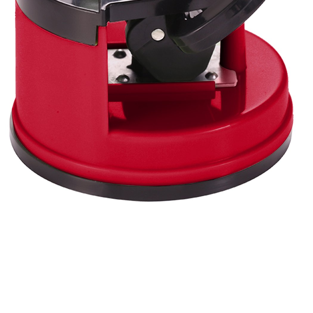 Two red kitchen knife sharpeners with suction base and tungsten carbide plates, designed for safe and effective sharpening of knife blades.