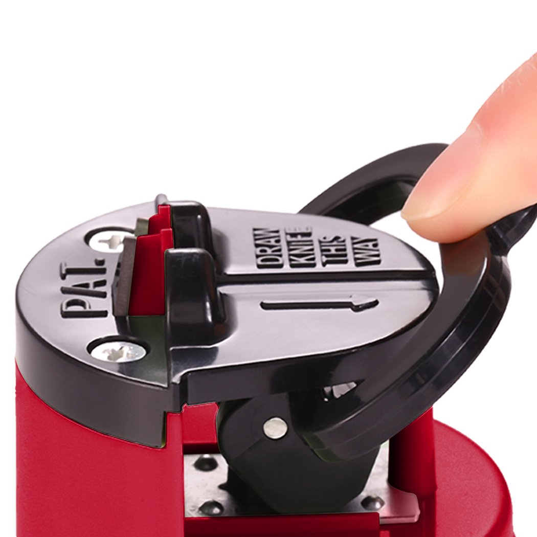 Two red kitchen knife sharpeners with suction base and tungsten carbide plates, designed for safe and effective sharpening of knife blades.