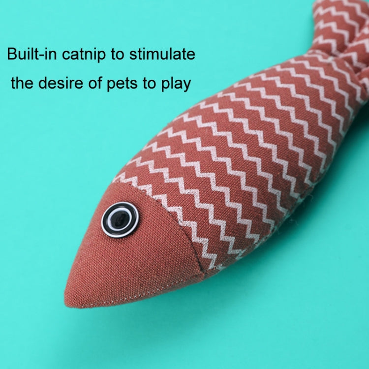 Two navy linen fish-shaped pillows designed for cats, featuring a soft texture and built-in catnip for playful engagement.