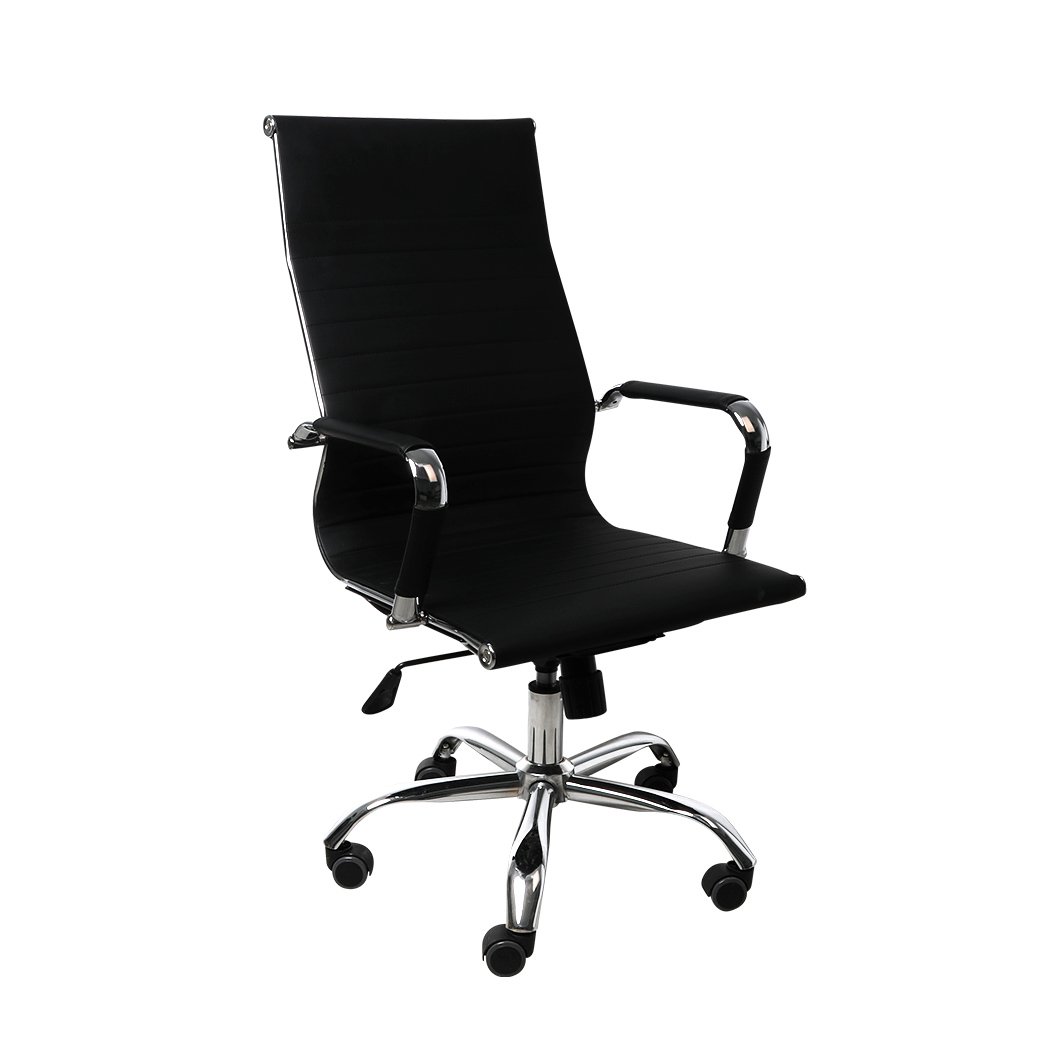 Two stylish office chairs with PU leather upholstery and chrome base, designed for comfort and ergonomic support.