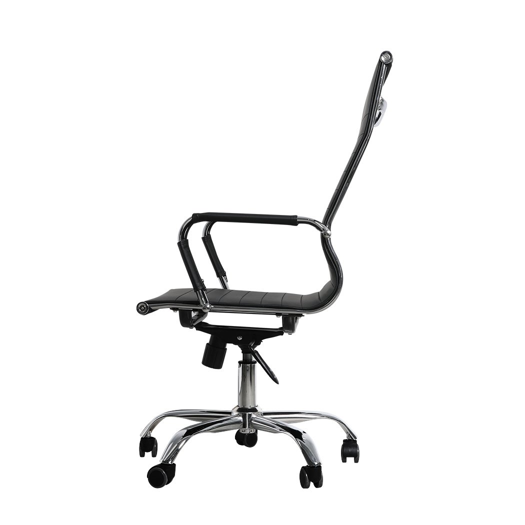 Two stylish office chairs with PU leather upholstery and chrome base, designed for comfort and ergonomic support.