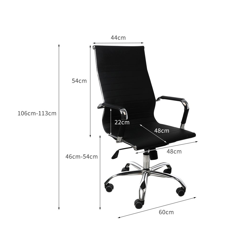 Two stylish office chairs with PU leather upholstery and chrome base, designed for comfort and ergonomic support.