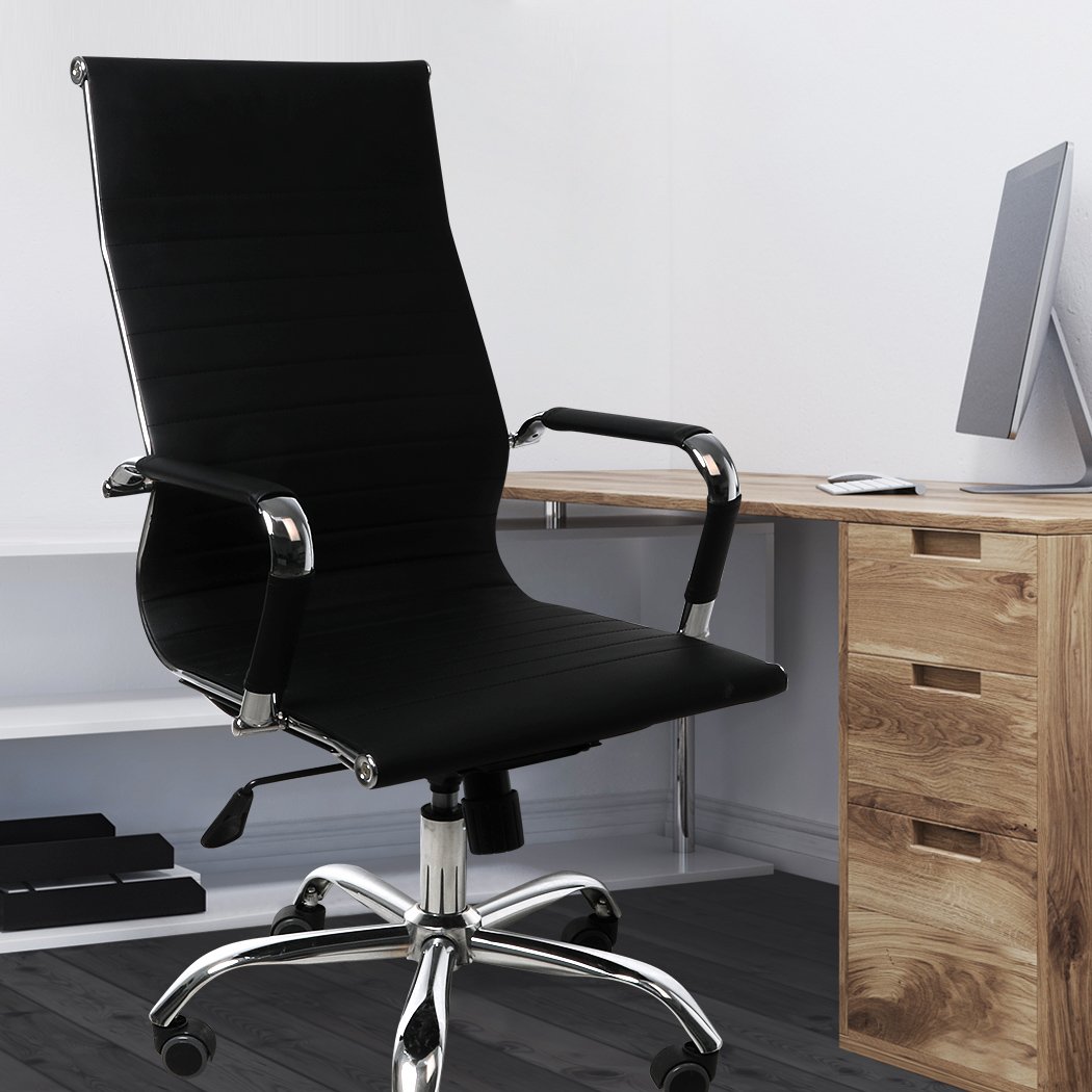 Two stylish office chairs with PU leather upholstery and chrome base, designed for comfort and ergonomic support.