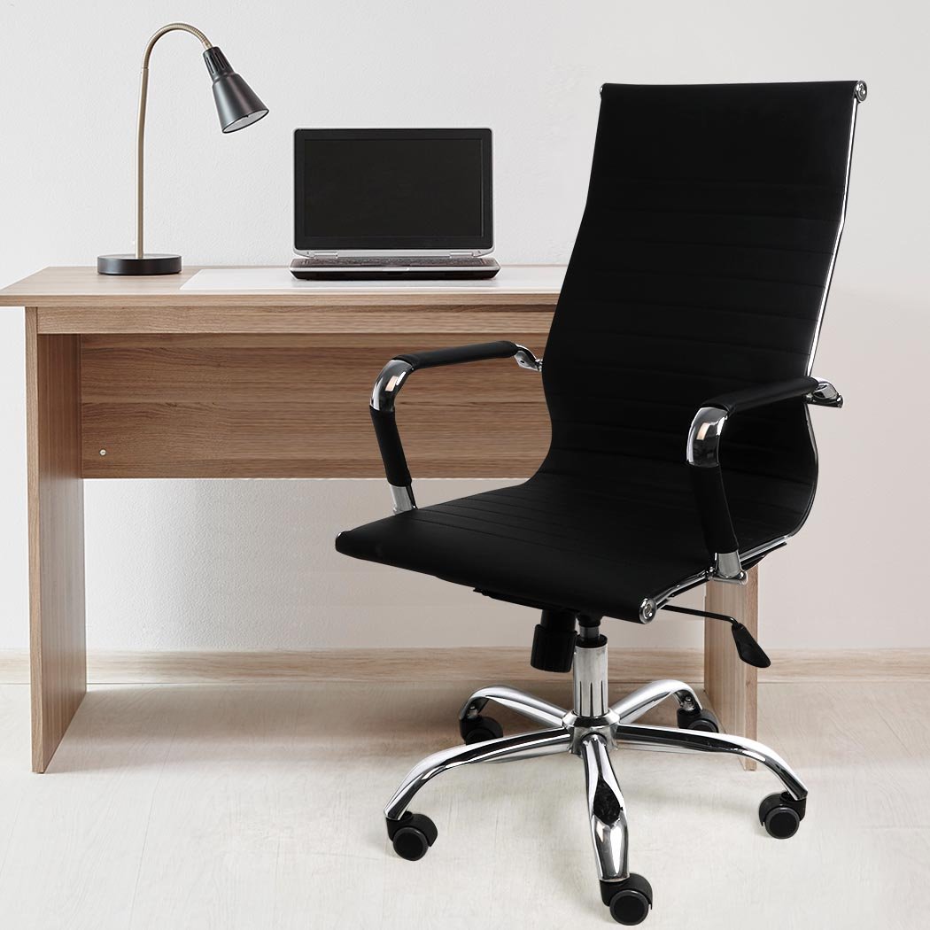 Two stylish office chairs with PU leather upholstery and chrome base, designed for comfort and ergonomic support.