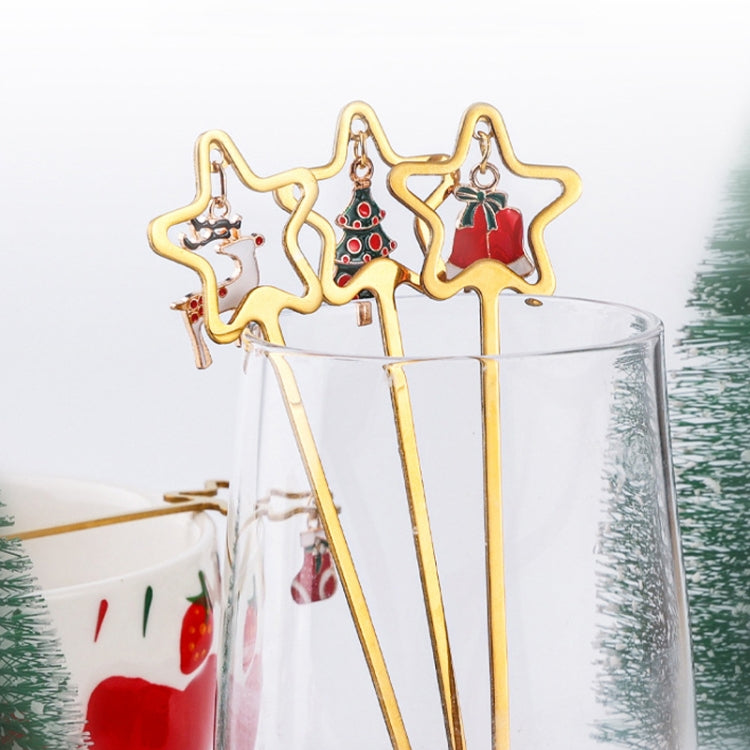A set of two A410 stainless steel Christmas stirring spoons with festive designs, elegantly packaged in a gift box.