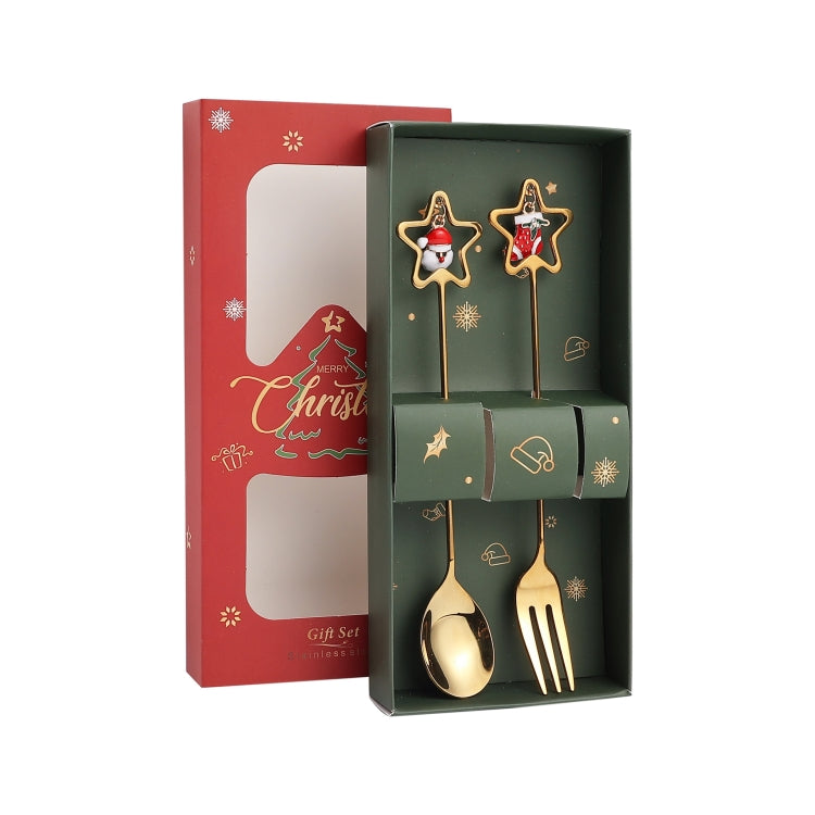 A festive 2pcs B410 Christmas stirring spoon and dessert fork set made of stainless steel, featuring a chic design perfect for holiday celebrations.