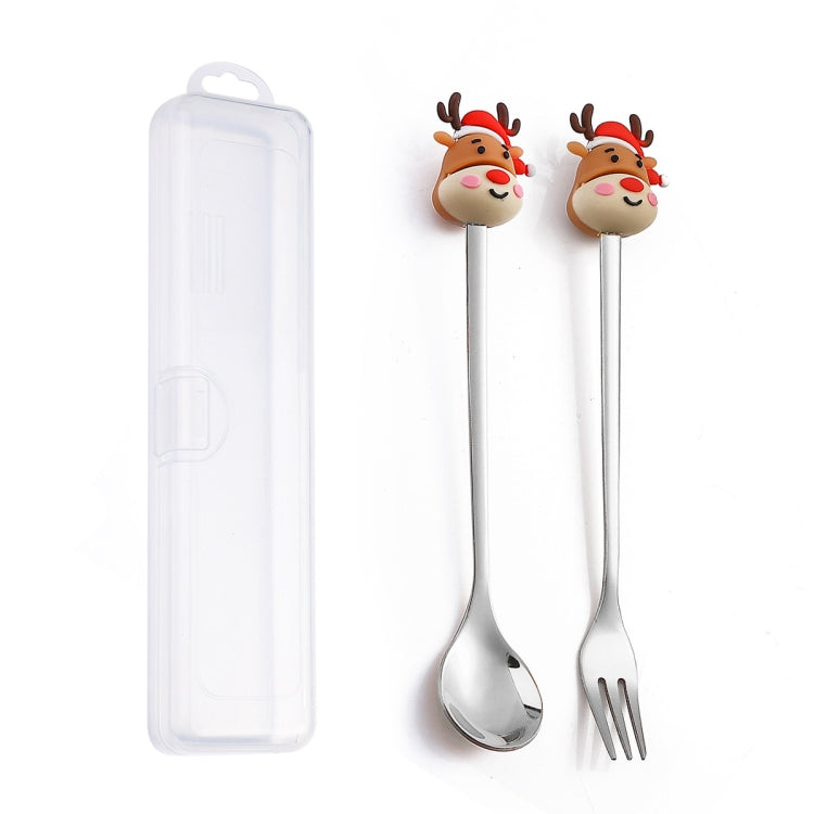 A cute Christmas-themed dessert fork and spoon set featuring a doll design, made of stainless steel, perfect for festive dining.