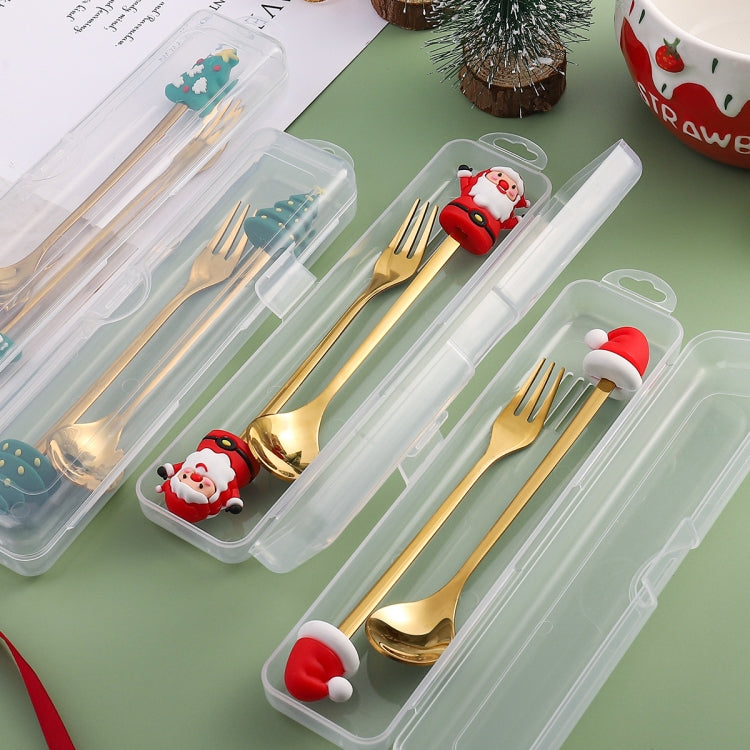 A cute Christmas-themed dessert fork and spoon set featuring a doll design, made of stainless steel, perfect for festive dining.