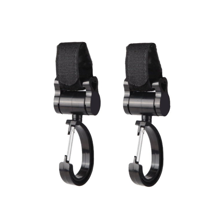 Two universal baby stroller hooks with a 360-degree rotation feature, made from aviation aluminum and designed for easy installation.