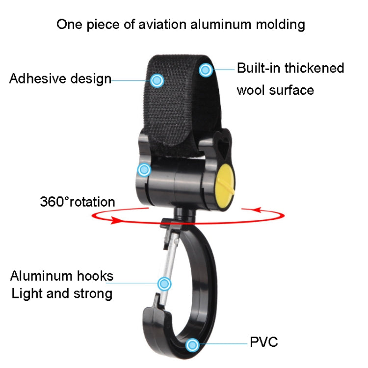 Two universal baby stroller hooks with a 360-degree rotation feature, made from aviation aluminum and designed for easy installation.