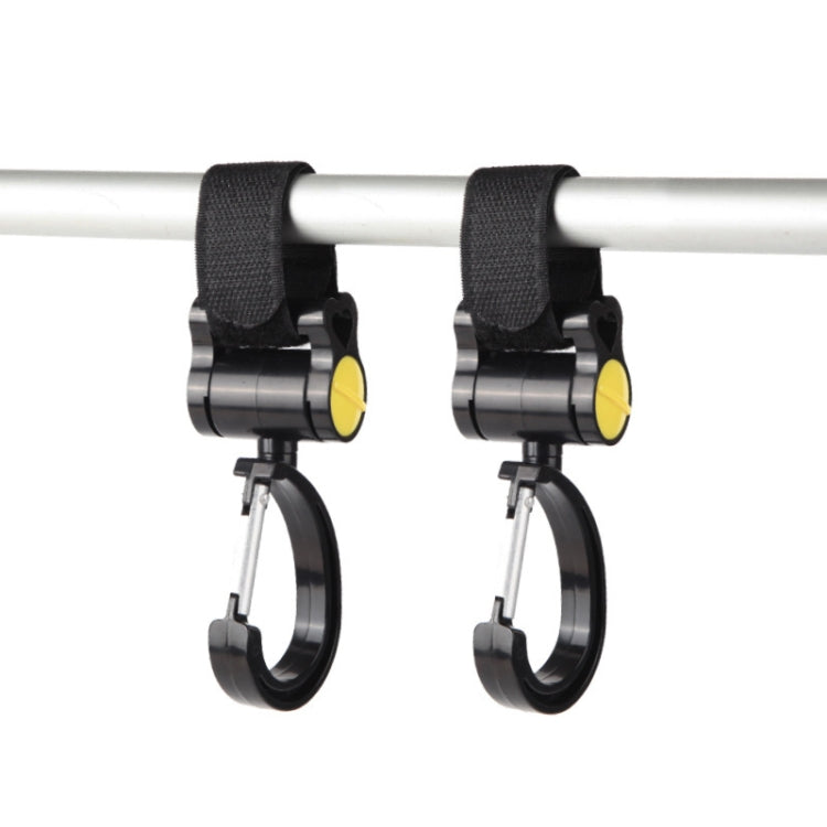 Two universal baby stroller hooks with a 360-degree rotation feature, made from aviation aluminum and designed for easy installation.