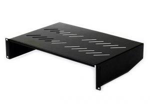 A 2RU Shelf Cantilever 300mm in black, designed for server racks, showcasing its sturdy build and sleek finish.