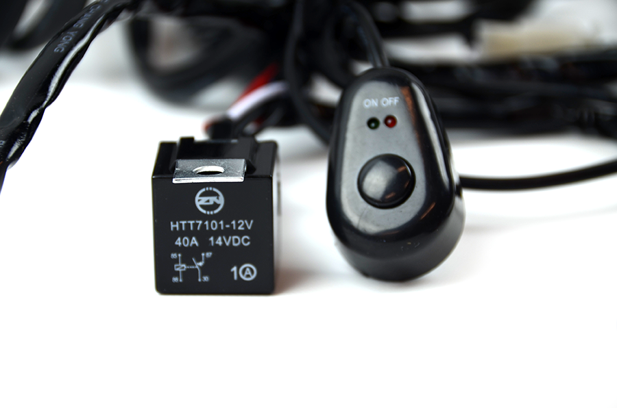 2way LED Universal Driving Light Wiring Loom Harness with mouse style switch and automotive relay, designed for 12V and 24V systems.