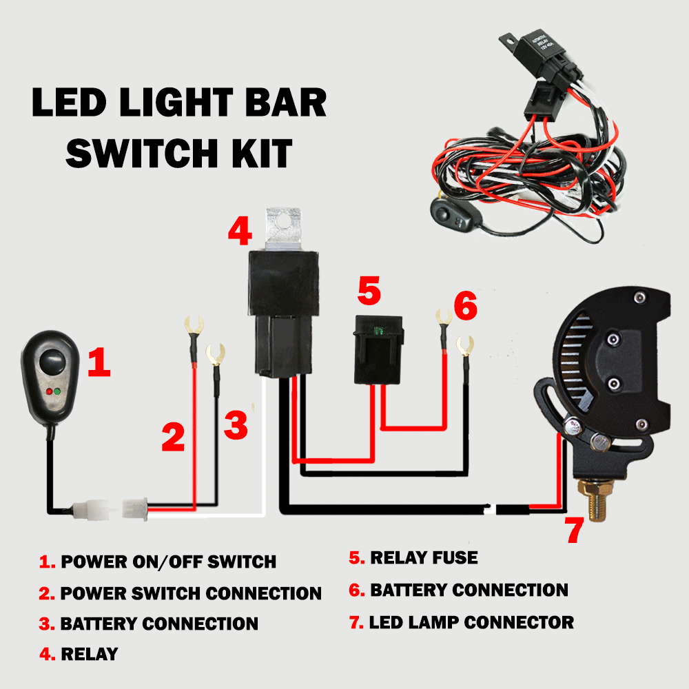 2way LED Universal Driving Light Wiring Loom Harness with mouse style switch and automotive relay, designed for 12V and 24V systems.