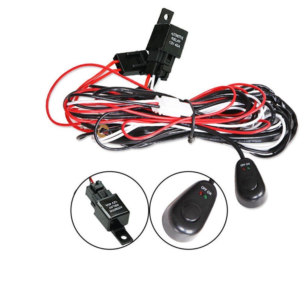2way LED Universal Driving Light Wiring Loom Harness with mouse style switch and automotive relay, designed for 12V and 24V systems.