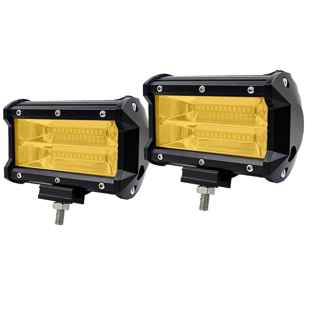 Two 5-inch Flood LED Light Bars designed for offroad, boat, and truck use, showcasing a robust construction and bright yellow light.