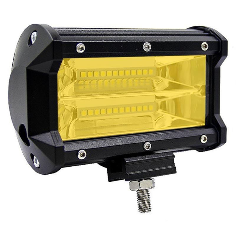 Two 5-inch Flood LED Light Bars designed for offroad, boat, and truck use, showcasing a robust construction and bright yellow light.
