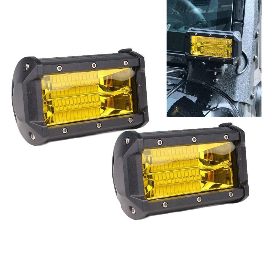 Two 5-inch Flood LED Light Bars designed for offroad, boat, and truck use, showcasing a robust construction and bright yellow light.
