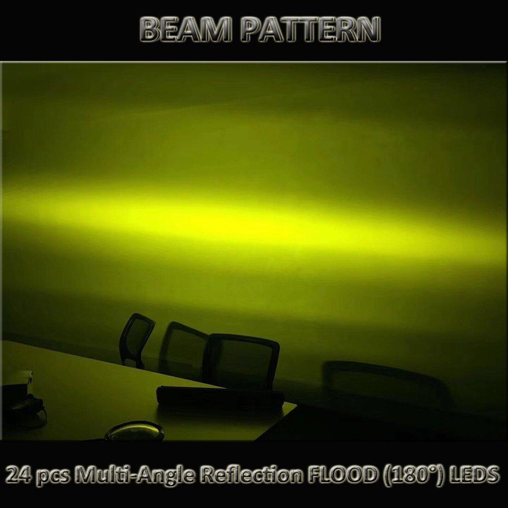 Two 5-inch Flood LED Light Bars designed for offroad, boat, and truck use, showcasing a robust construction and bright yellow light.