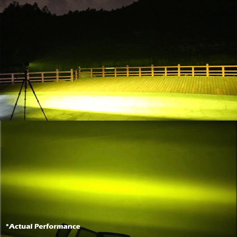 Two 5-inch Flood LED Light Bars designed for offroad, boat, and truck use, showcasing a robust construction and bright yellow light.