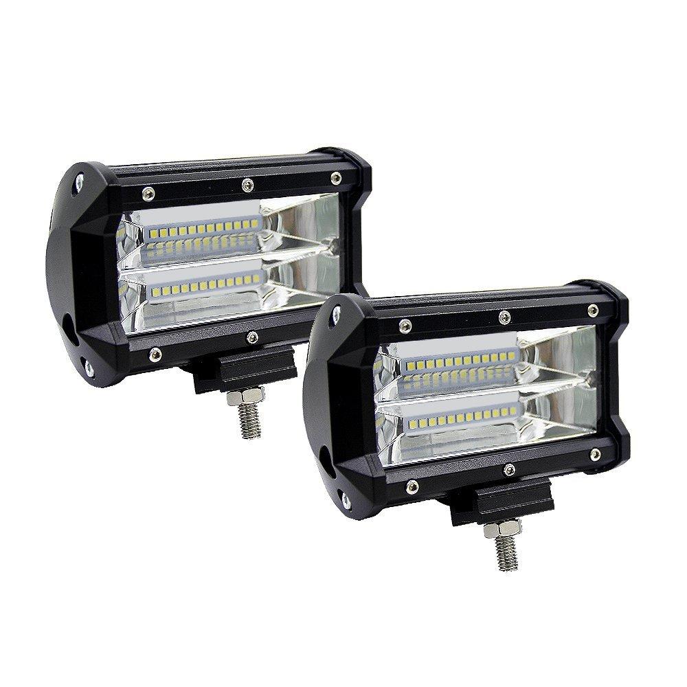 Two 5-inch Flood LED Light Bars designed for offroad, boat, and truck use, showcasing their robust aluminum housing and bright LED lights.