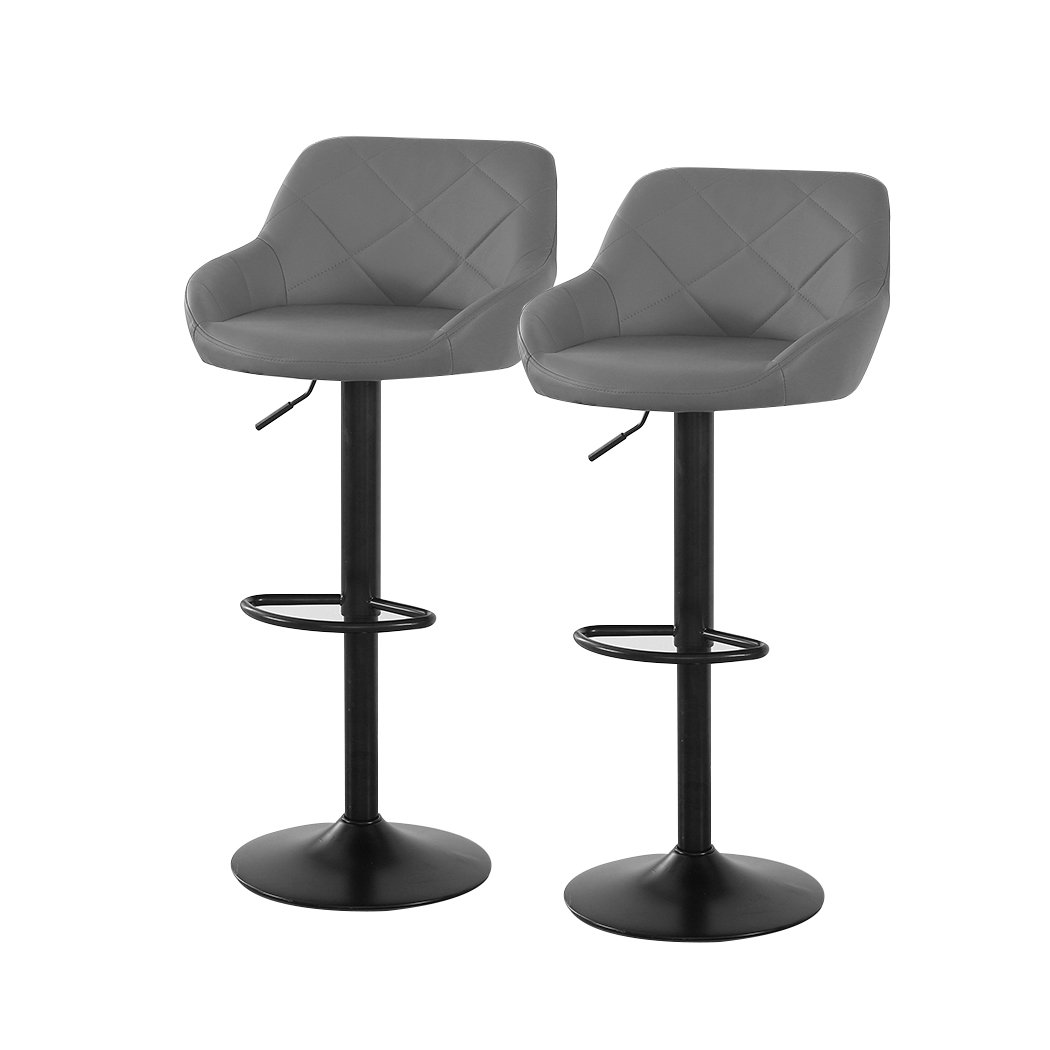 Set of two stylish bar stools with swivel seats, upholstered in premium grey PU leather, featuring a sturdy steel frame and adjustable height.