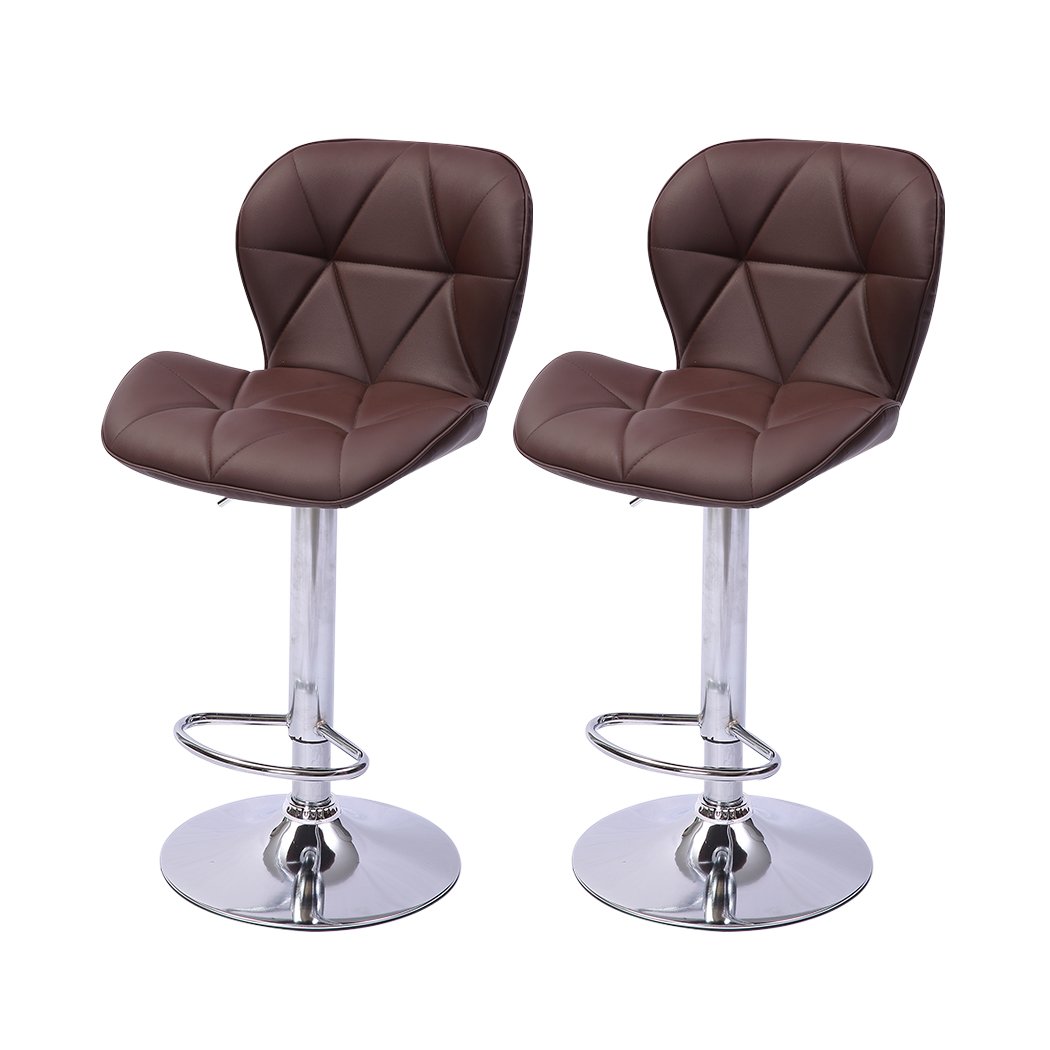 Set of two stylish bar stools with swivel gas lift, upholstered in brown PU leather, featuring a heavy-duty steel frame and circular footrest.