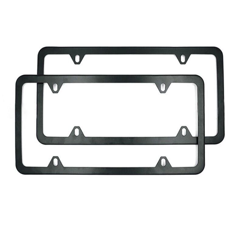 Two high-quality stainless steel license plate frames with a sleek black powder coating, designed for durability and style.