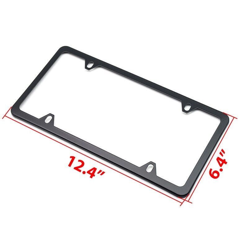 Two high-quality stainless steel license plate frames with a sleek black powder coating, designed for durability and style.