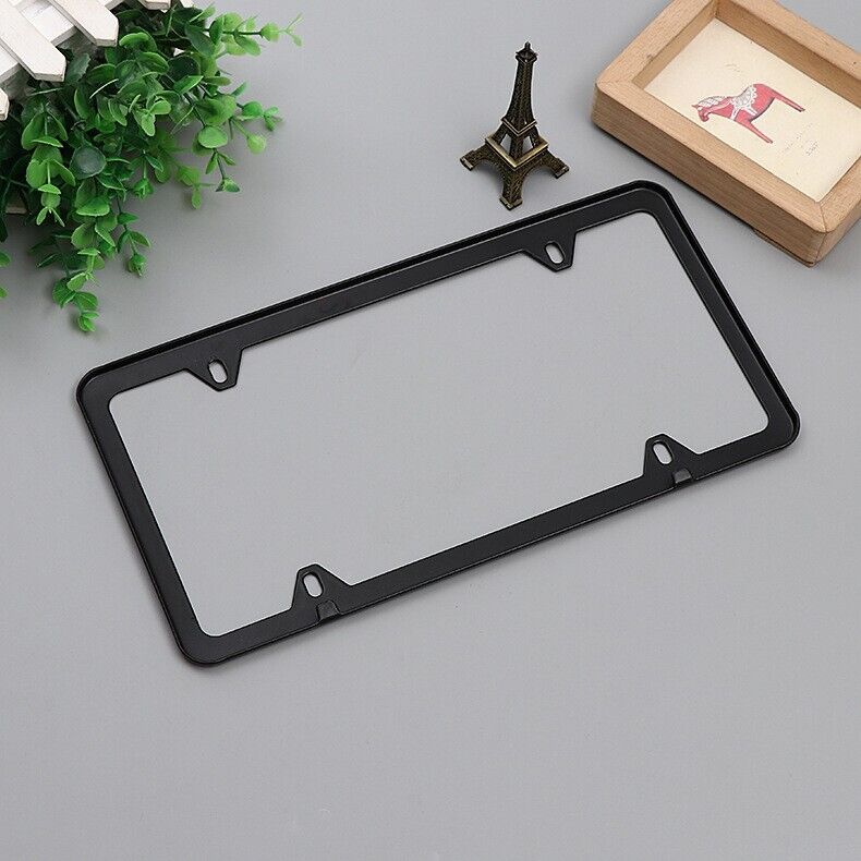 Two high-quality stainless steel license plate frames with a sleek black powder coating, designed for durability and style.