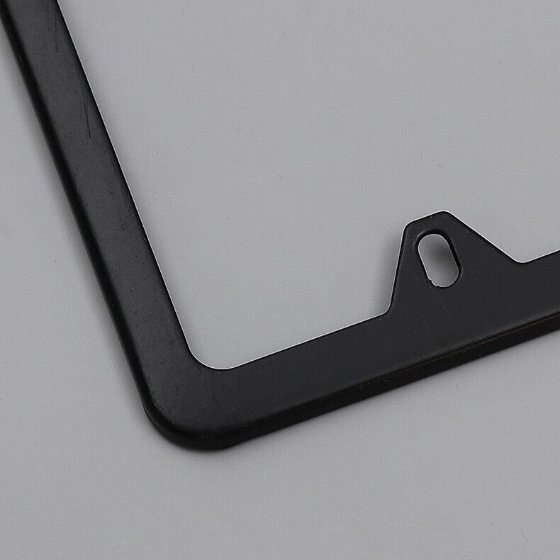 Two high-quality stainless steel license plate frames with a sleek black powder coating, designed for durability and style.