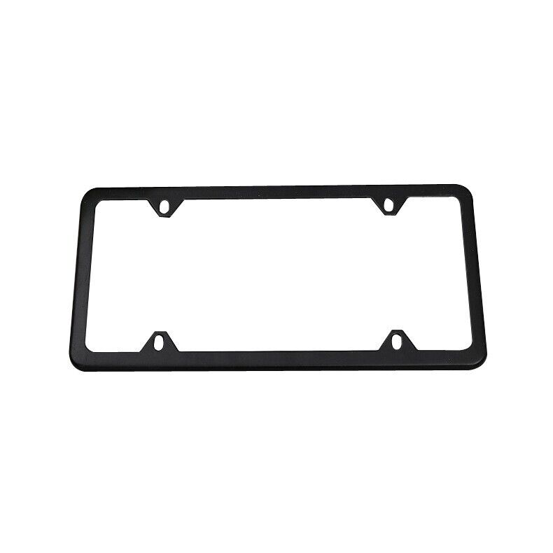 Two high-quality stainless steel license plate frames with a sleek black powder coating, designed for durability and style.