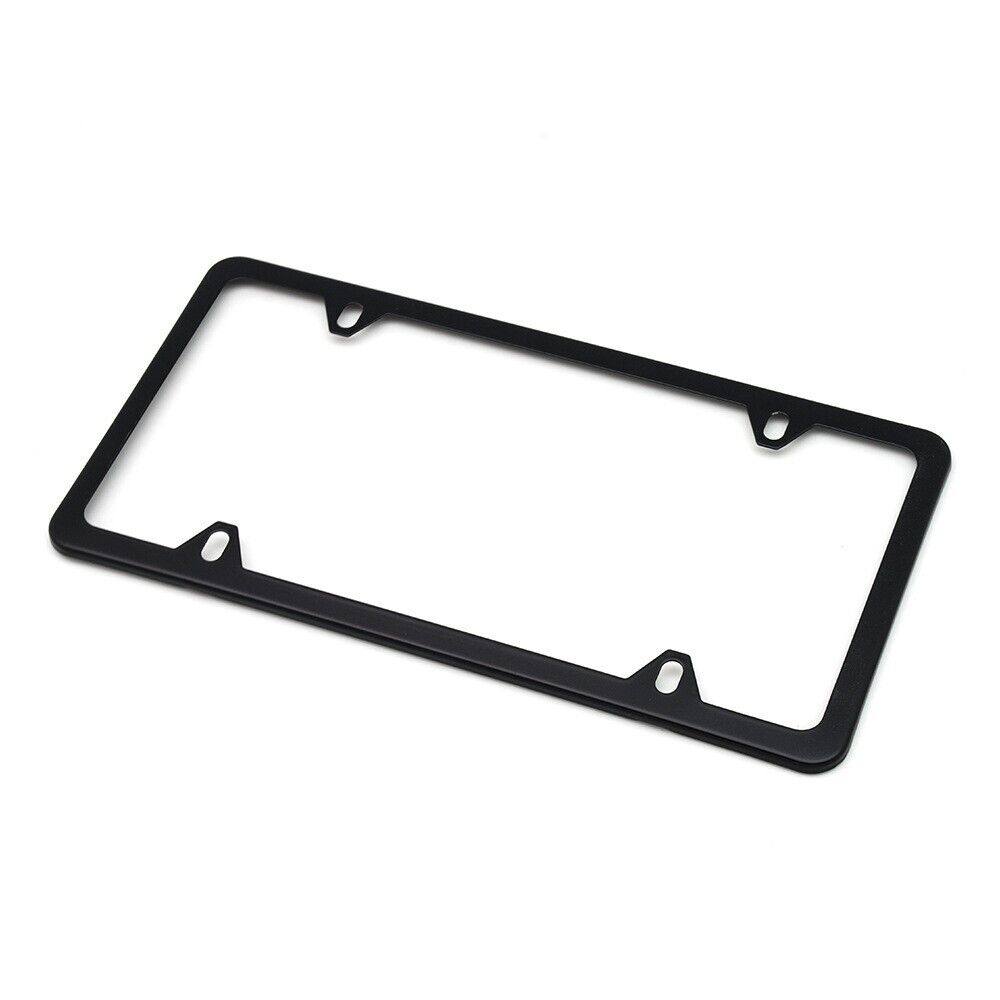 Two high-quality stainless steel license plate frames with a sleek black powder coating, designed for durability and style.
