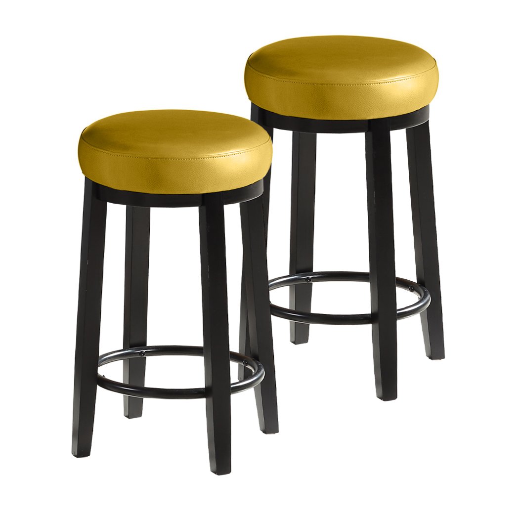 Two Levede 75cm swivel bar stools with solid wood frame and PU leather seat, featuring a bronze-finished footrest.
