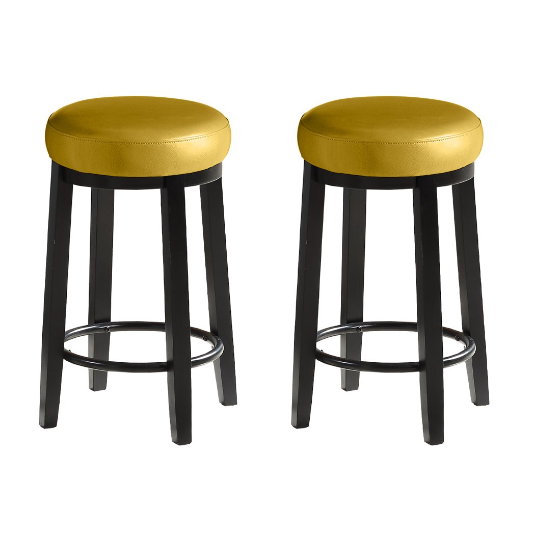 Two Levede 75cm swivel bar stools with solid wood frame and PU leather seat, featuring a bronze-finished footrest.