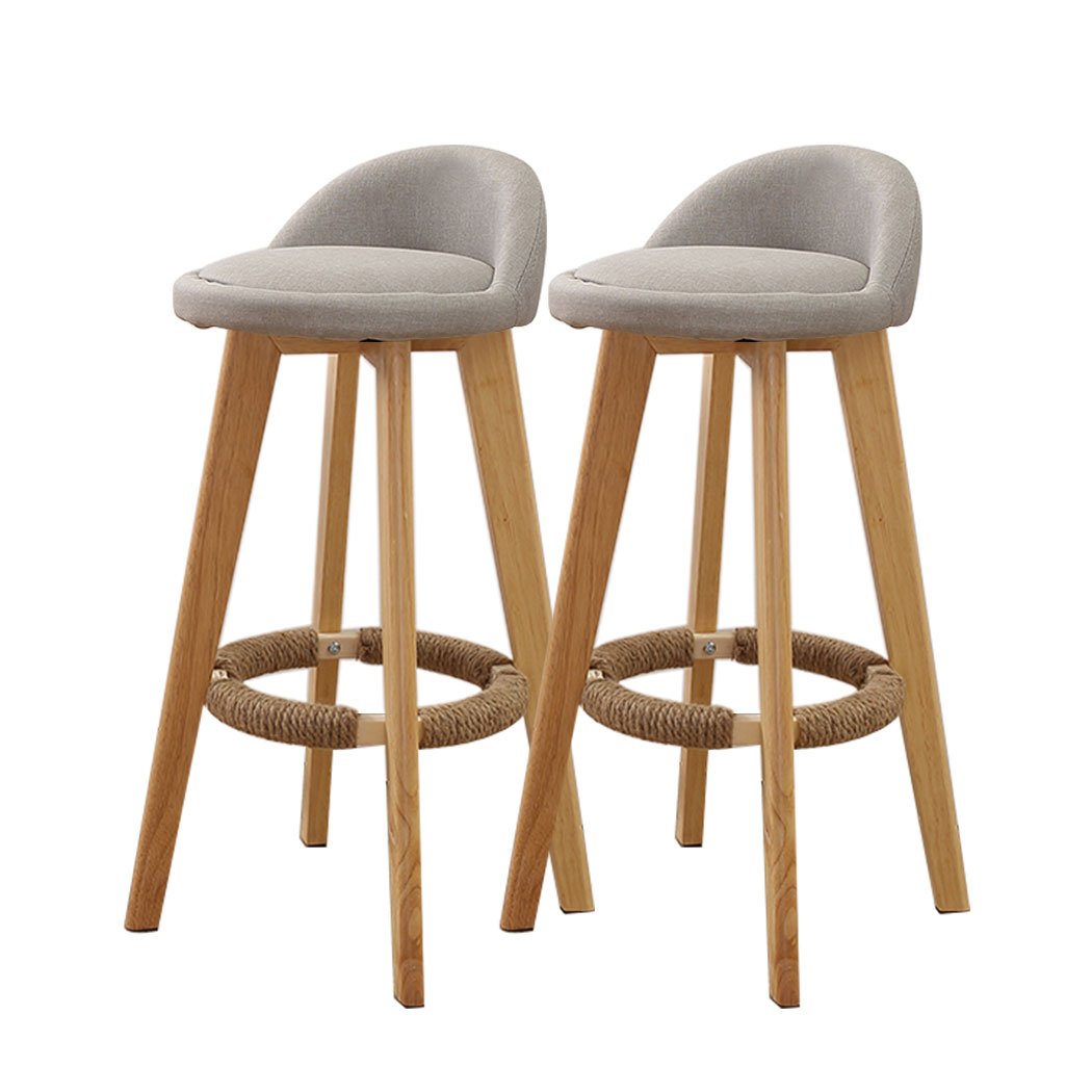 Two stylish Levede Fabric Swivel Bar Stools in sage color, showcasing their comfortable design and solid wood construction.