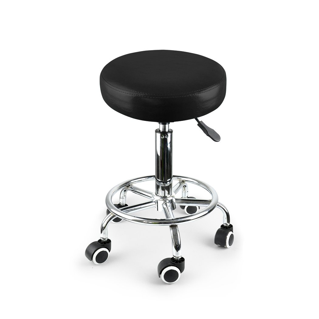 Two Levede Swivel Salon Barstools with black PU leather cushions and silver chromed iron bases, showcasing their 360-degree swivel and hydraulic lift features.