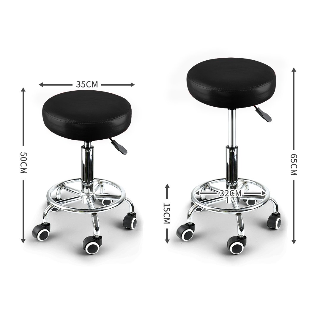 Two Levede Swivel Salon Barstools with black PU leather cushions and silver chromed iron bases, showcasing their 360-degree swivel and hydraulic lift features.