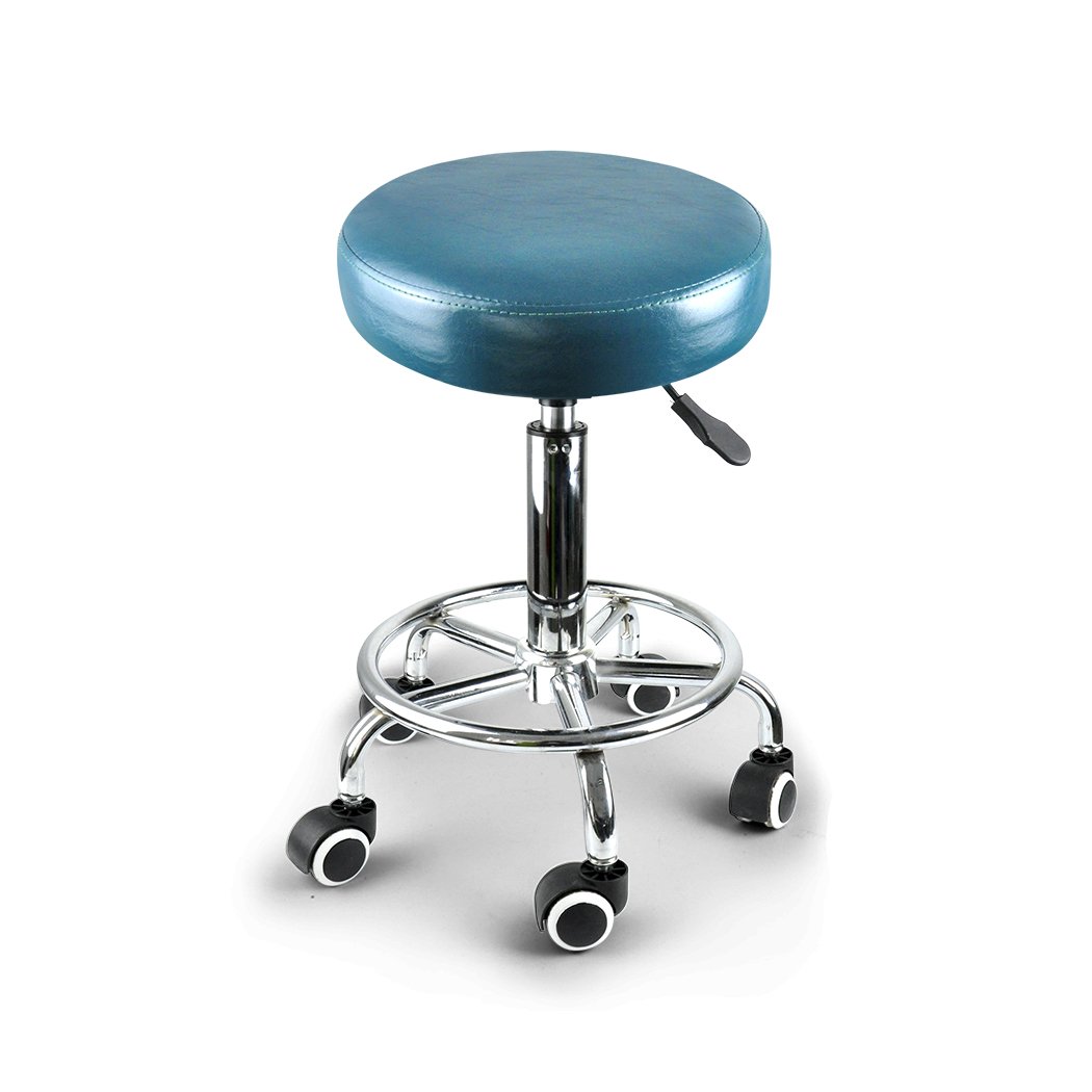 Two teal Levede swivel salon barstools with a round cushion and chrome base, designed for hairdressing and barber use.