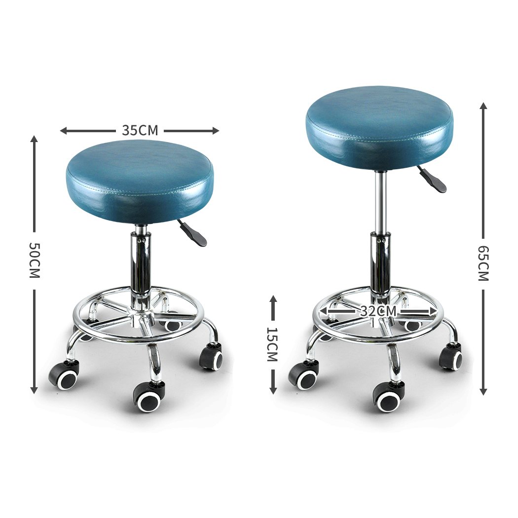 Two teal Levede swivel salon barstools with a round cushion and chrome base, designed for hairdressing and barber use.