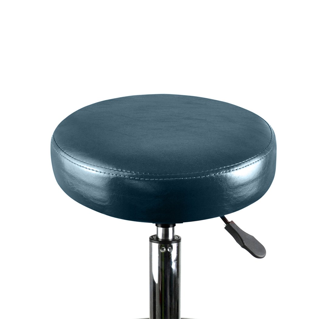 Two teal Levede swivel salon barstools with a round cushion and chrome base, designed for hairdressing and barber use.