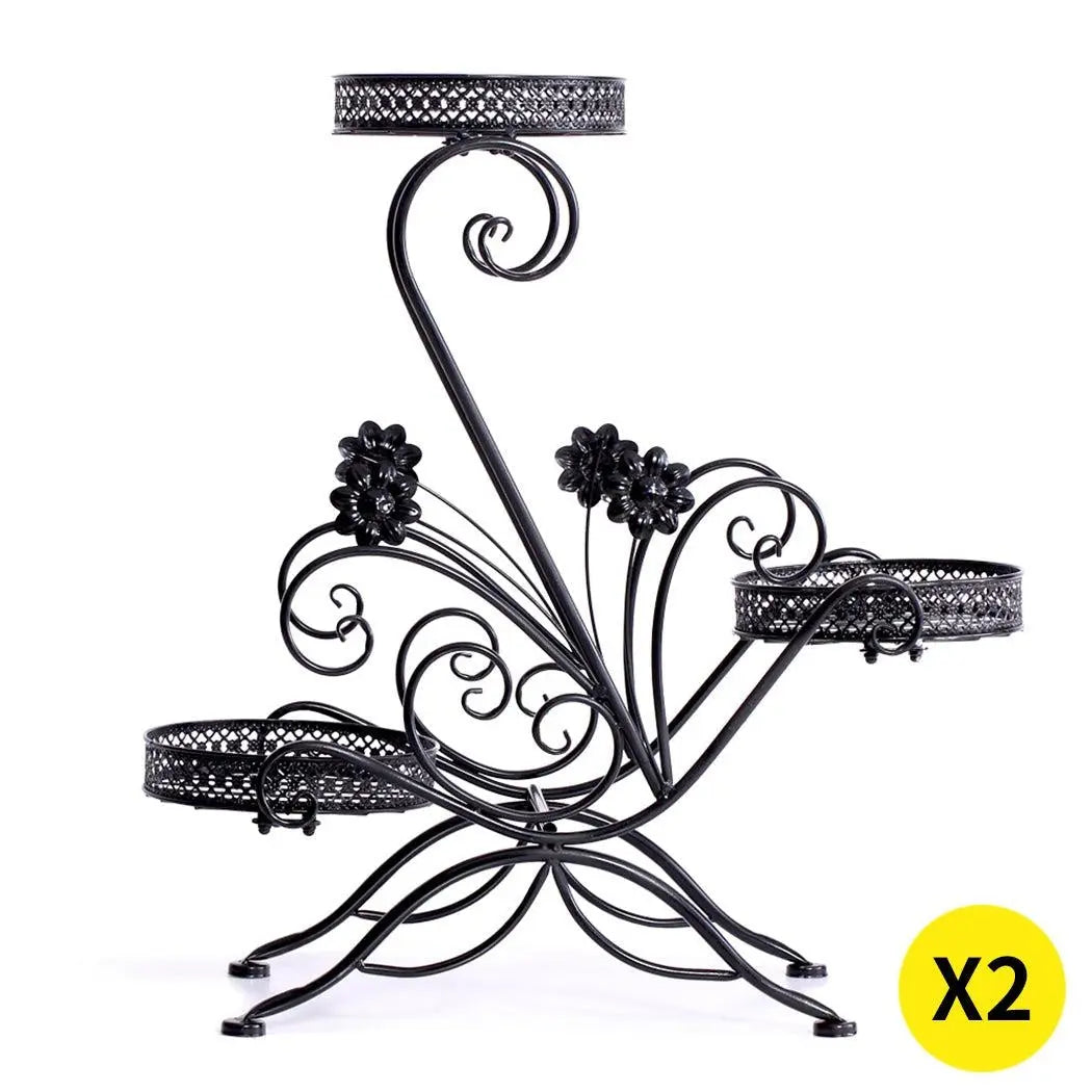 Two elegant metal plant stands with imitation rattan design, showcasing vibrant plants, suitable for indoor and outdoor use.