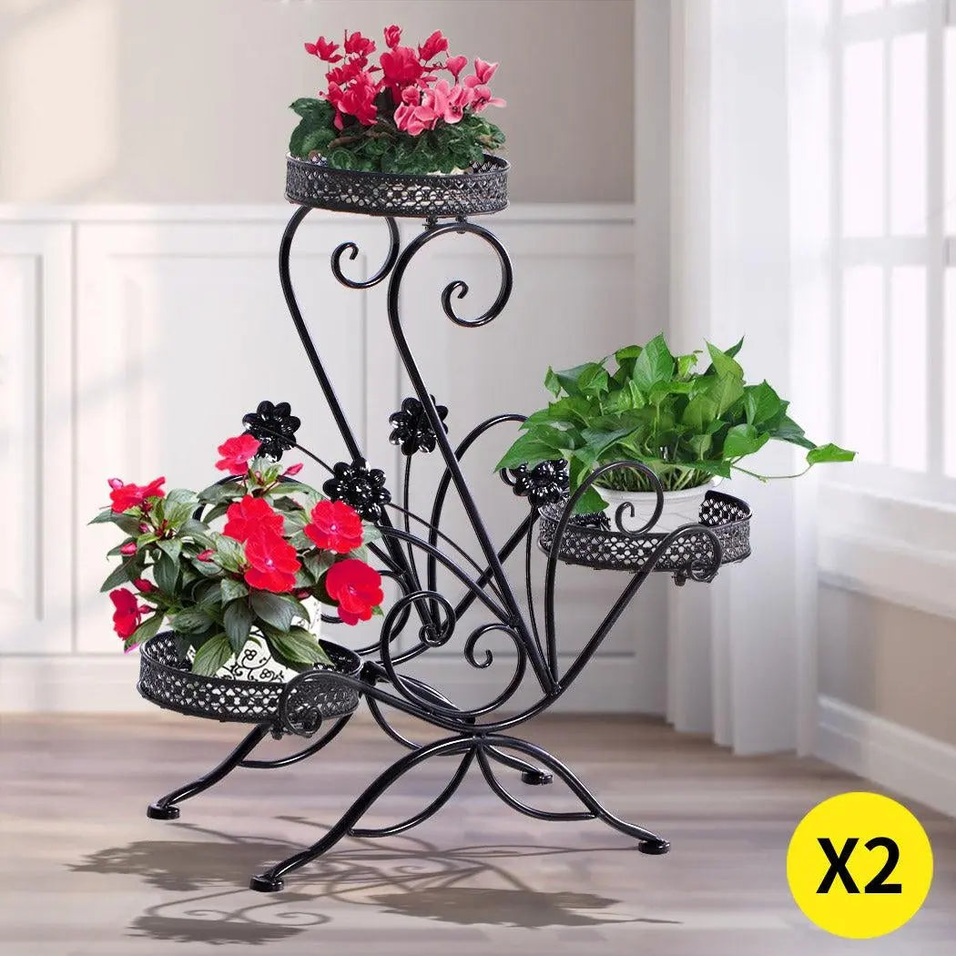 Two elegant metal plant stands with imitation rattan design, showcasing vibrant plants, suitable for indoor and outdoor use.
