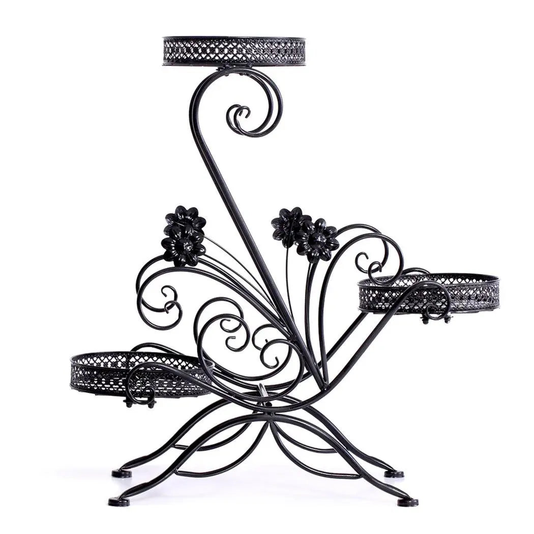 Two elegant metal plant stands with imitation rattan design, showcasing vibrant plants, suitable for indoor and outdoor use.