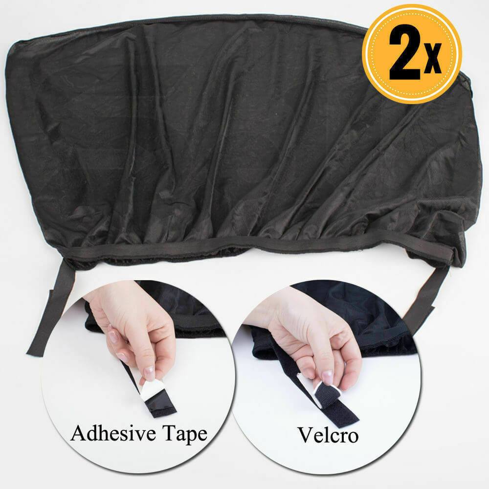 Two universal car sun shades designed for side windows, providing UV protection and a snug fit for rear passenger doors.