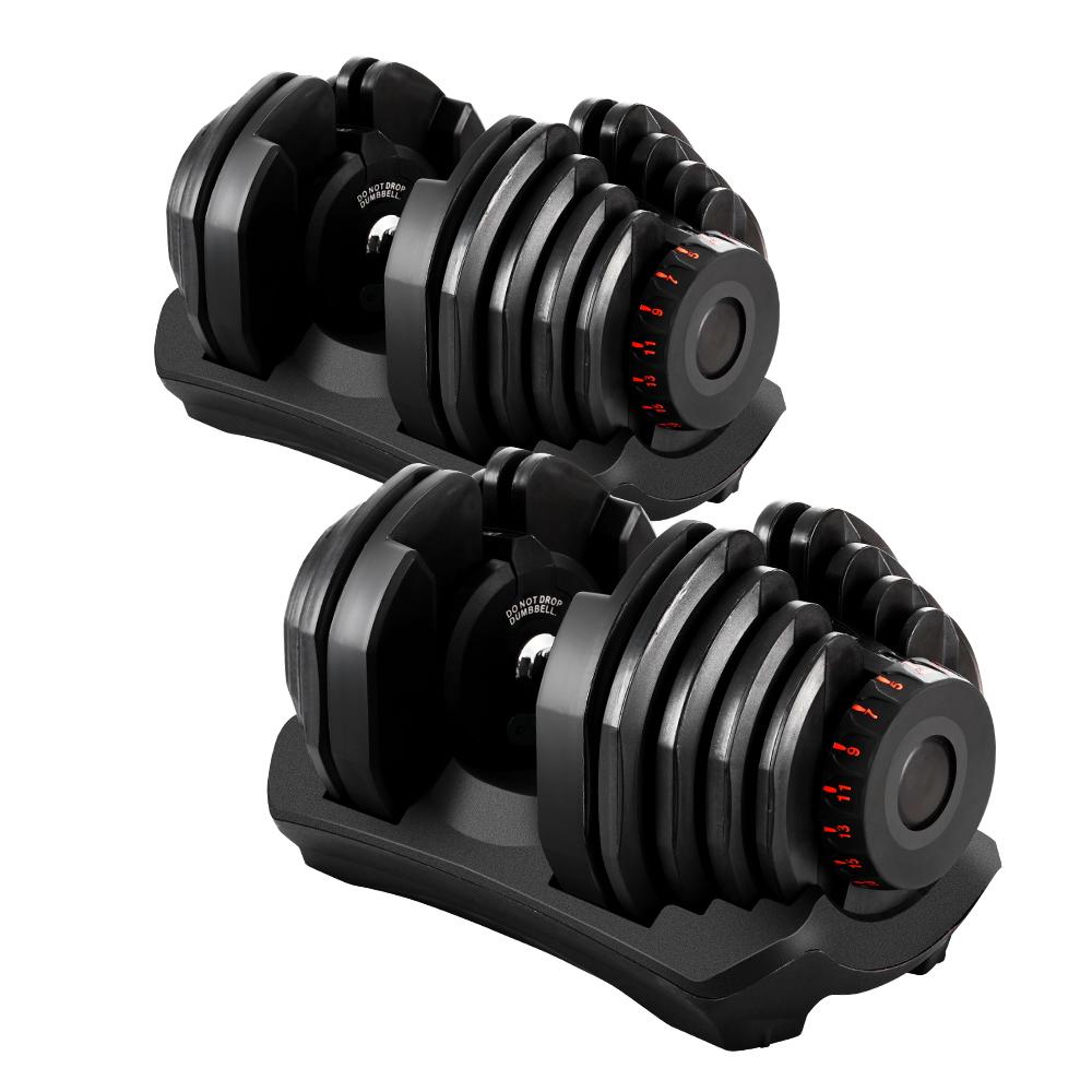 2x40KG Adjustable Dumbbells with rubber weight plates and a sturdy holder, showcasing a sleek black and red design.