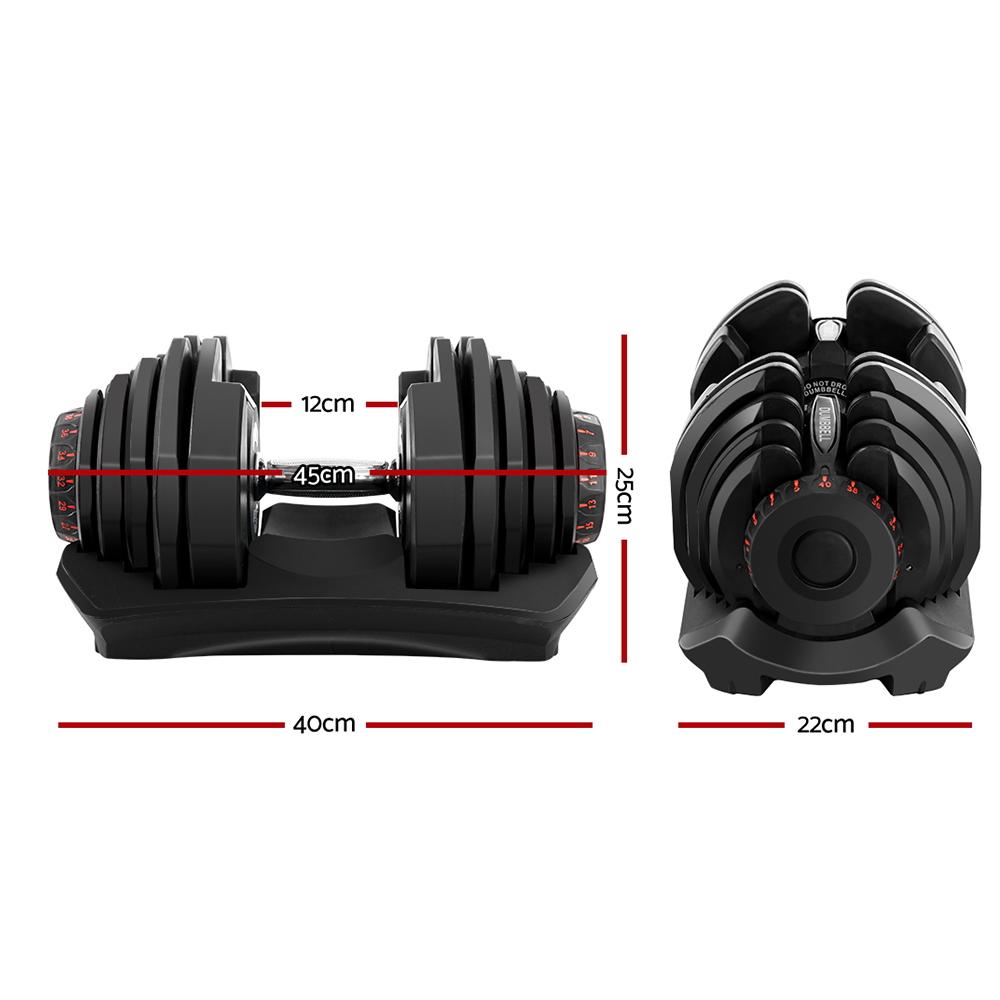 2x40KG Adjustable Dumbbells with rubber weight plates and a sturdy holder, showcasing a sleek black and red design.