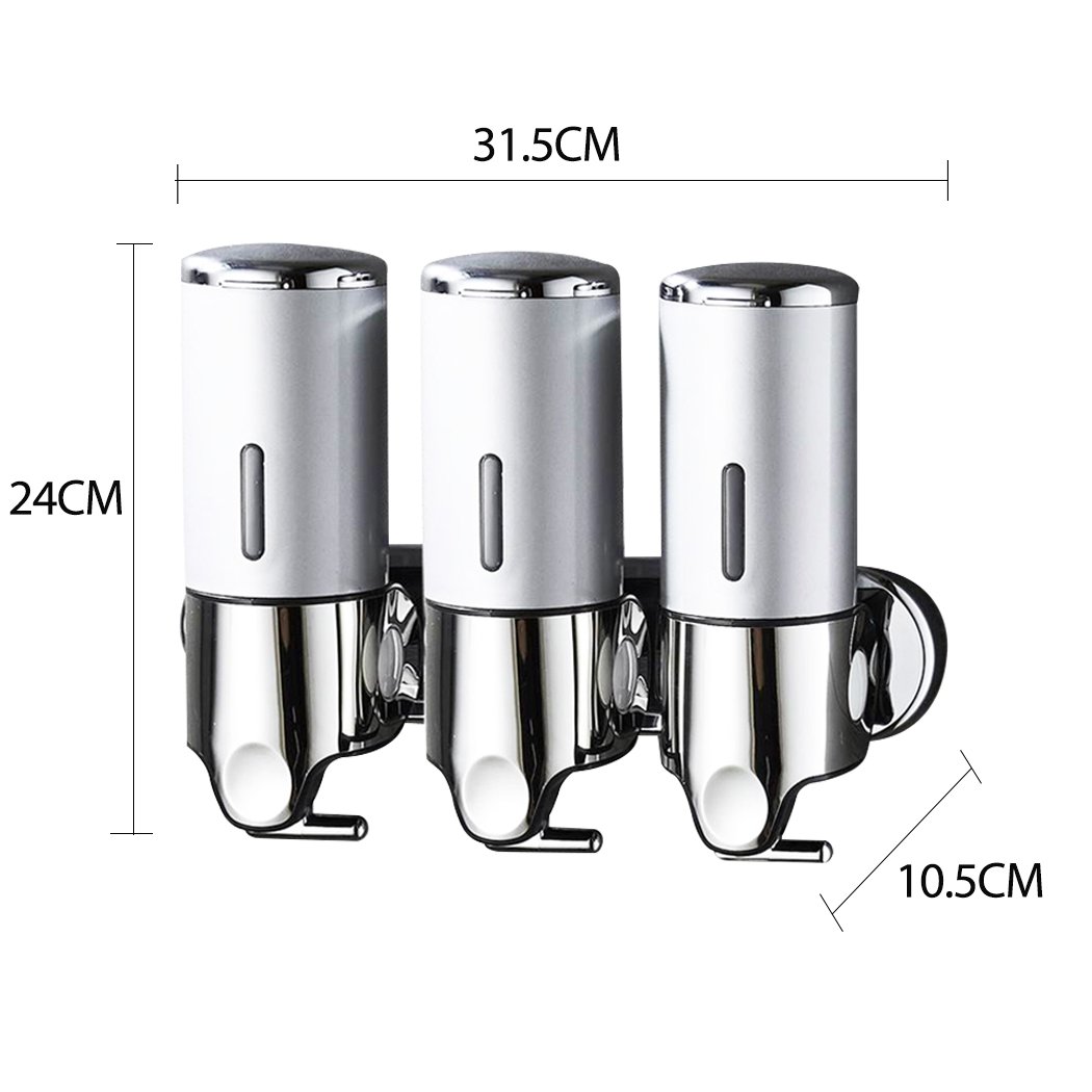 Stylish wall-mounted soap dispenser with three bottles for shampoo, gel, and soap, designed for bathrooms and kitchens.